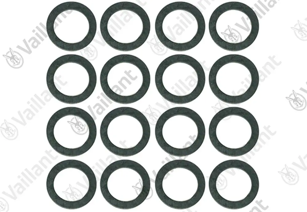 Schwarze Gummidichtungen in runder Form, angeordnet in vier Reihen, hergestellt von Vaillant. Ideal für Dichtungsanwendungen in Heizungsanlagen.